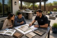 Outdoor living space with pergola and hardscape in Las Vegas by Corestone